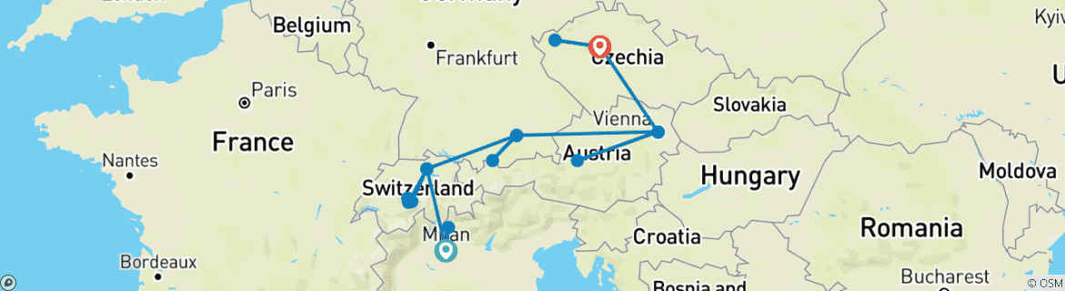 Image of a map showing the route of the tour