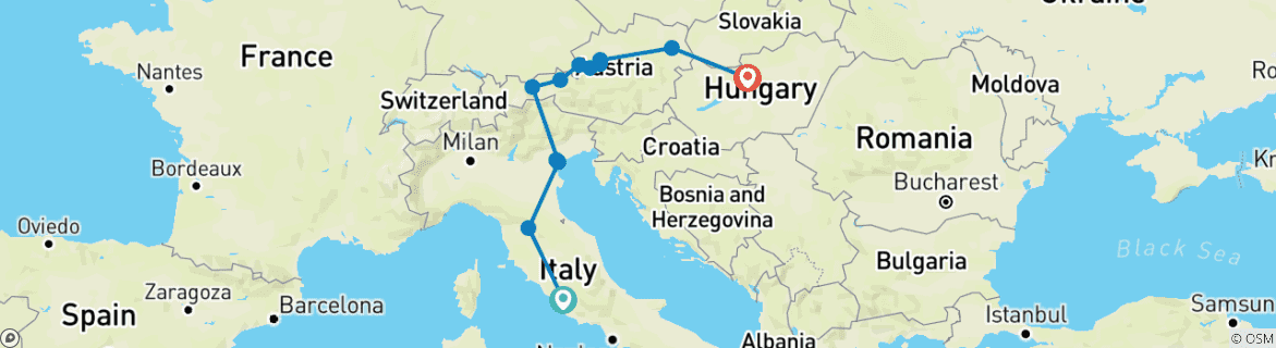 Image of a map showing the route of the tour