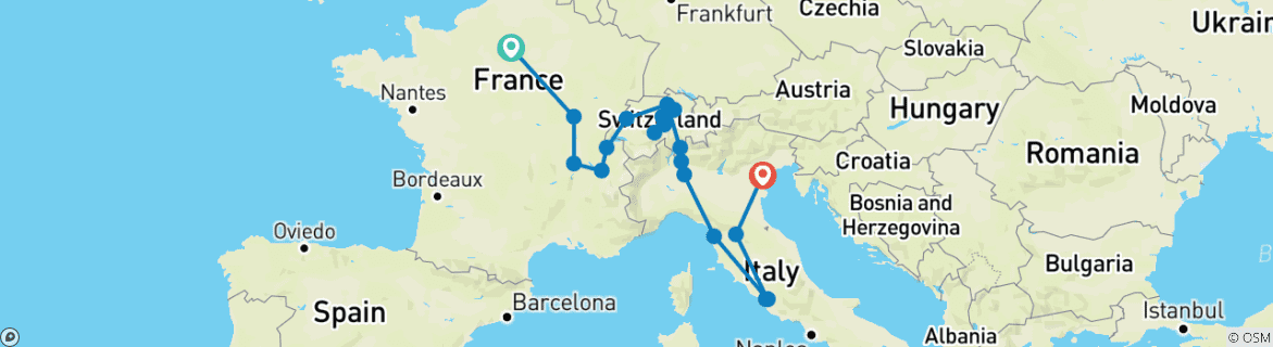 Image of a map showing the route of the tour