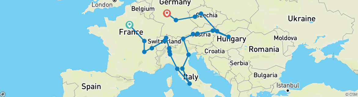 Image of a map showing the route of the tour