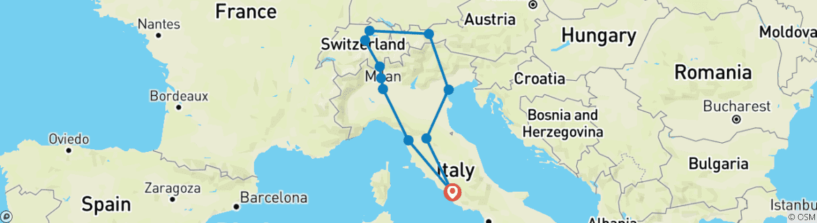 Carte du circuit L’Italie et la Suisse (22 destinations)