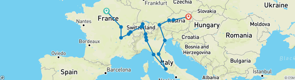 Image of a map showing the route of the tour