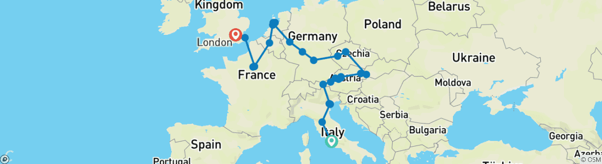 Image of a map showing the route of the tour