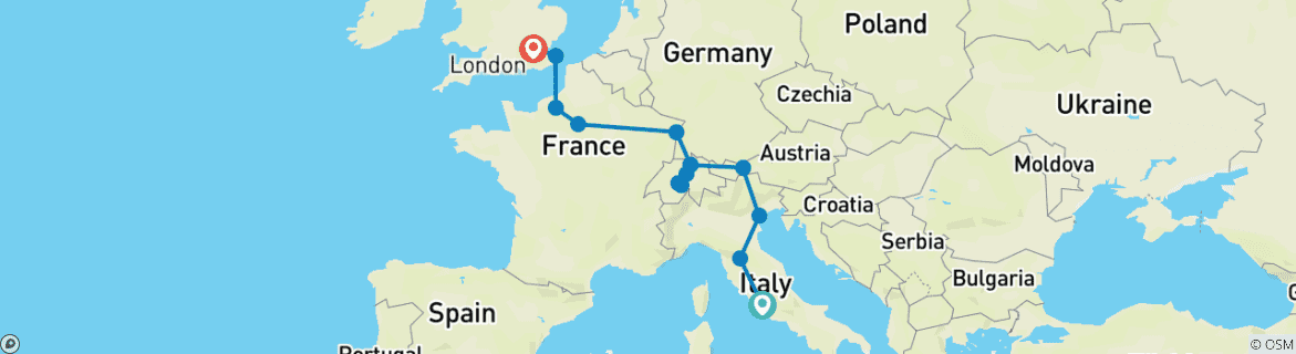 Image of a map showing the route of the tour