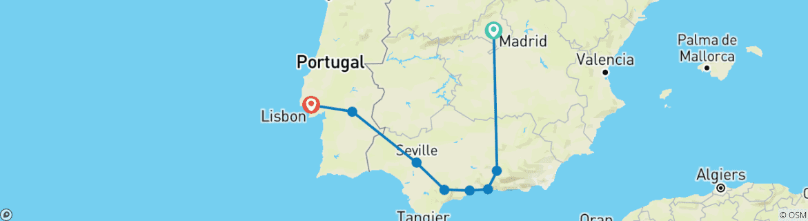 Image of a map showing the route of the tour