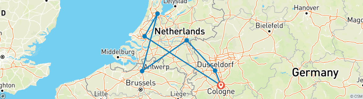 Image of a map showing the route of the tour