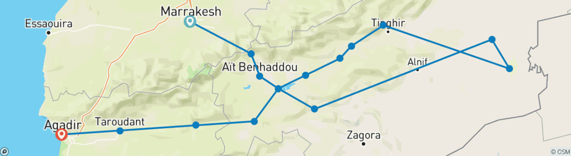 Image of a map showing the route of the tour