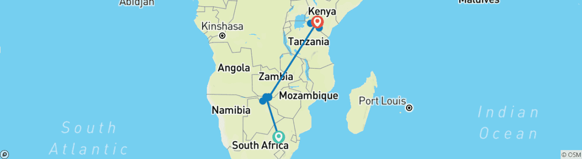 Foto van een kaart met de route van de rondreis