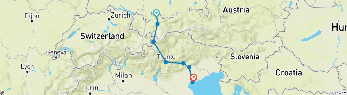 Carte du circuit Via Claudia Augusta - Traversée des Alpes - de Füssen à Quarto d'Altino/ Venise - classique (10 jours)