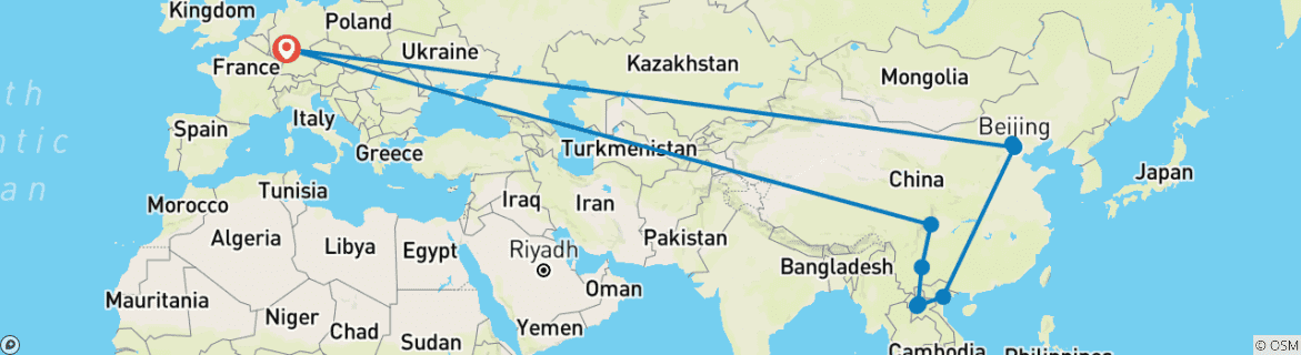 Foto van een kaart met de route van de rondreis