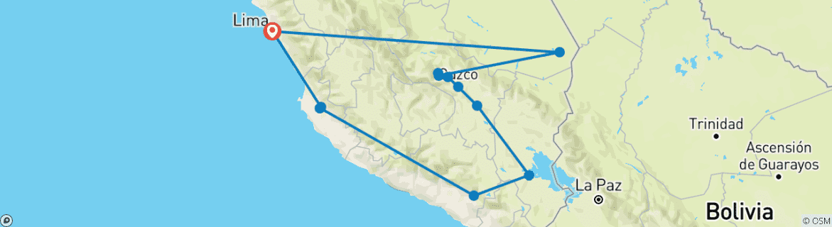 Kaart van Wandel langs de hoogtepunten van Peru en de Inca Trail (20 dagen)