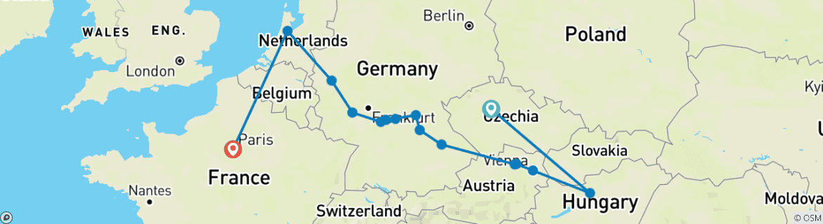 Image of a map showing the route of the tour
