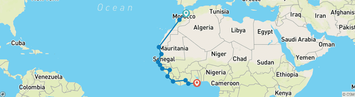 Carte du circuit Circuit terrestre en groupe - du Maroc au Ghana