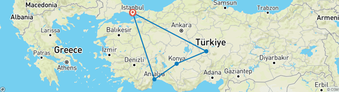 Image of a map showing the route of the tour