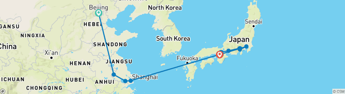 Kaart van Peking, Shanghai en Essentieel Japan (14 bestemmingen)