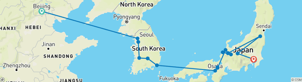 Image of a map showing the route of the tour