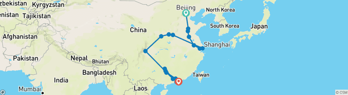 Kaart van Noord- en Zuid-China einde Hong Kong (19 bestemmingen)