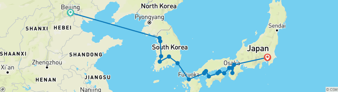 Karte von Peking & Klassiker von Korea und Japan - Ende in Tokio (20 Destinationen)
