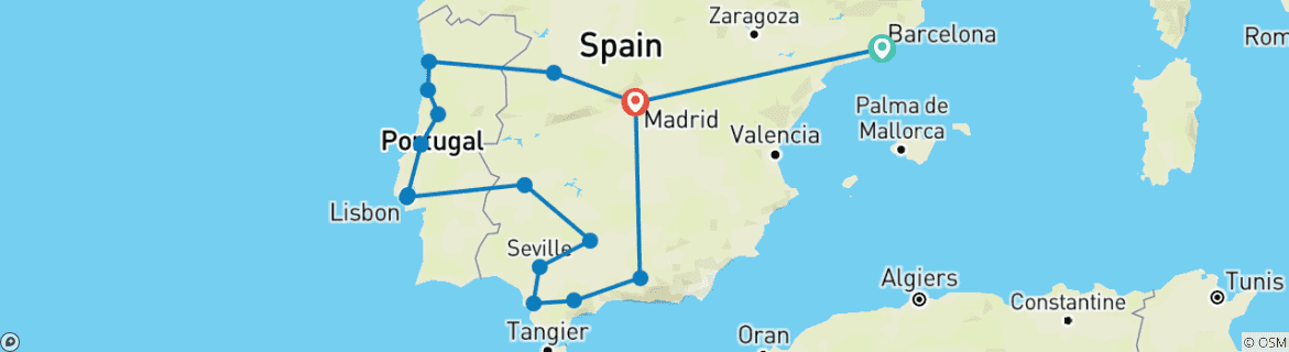 Image of a map showing the route of the tour