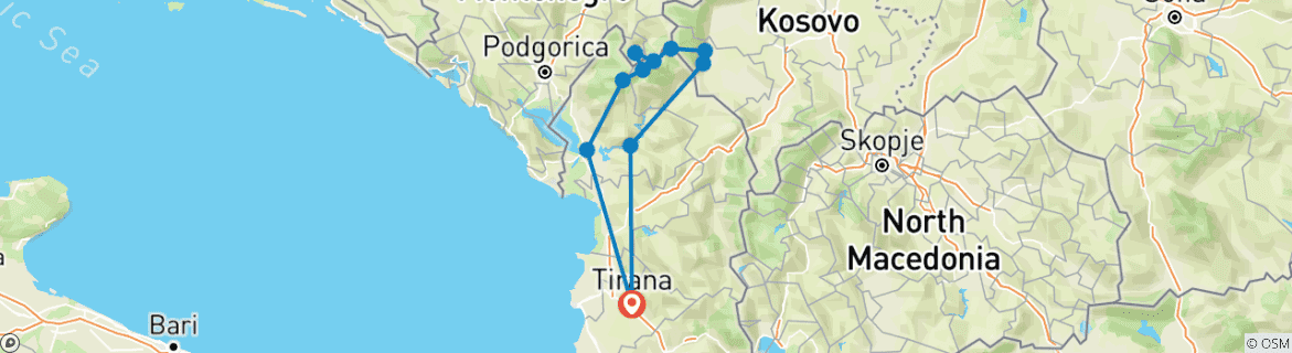 Image of a map showing the route of the tour