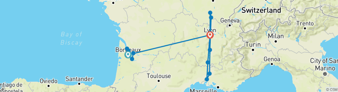 Image of a map showing the route of the tour