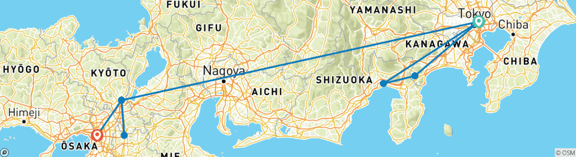 Mapa de Lo mejor de Japón de Tokio a Osaka (3 estrellas) - 7 días