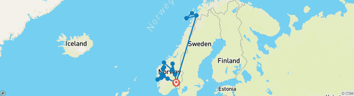 Image of a map showing the route of the tour