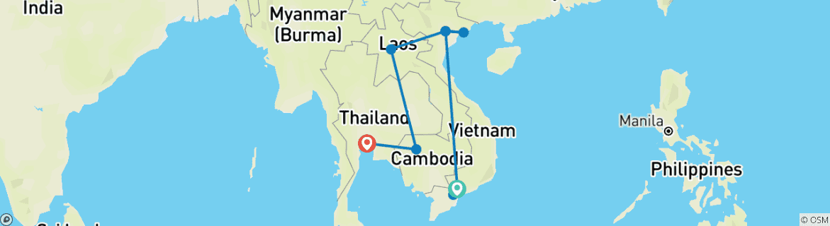 Image of a map showing the route of the tour