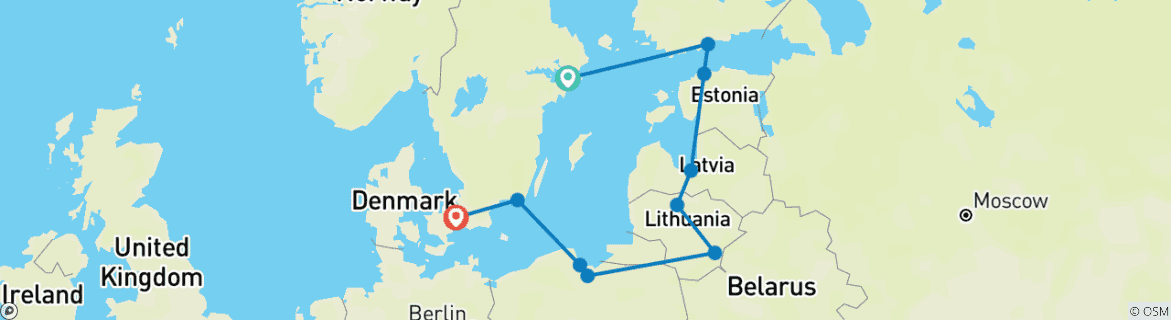 Image of a map showing the route of the tour