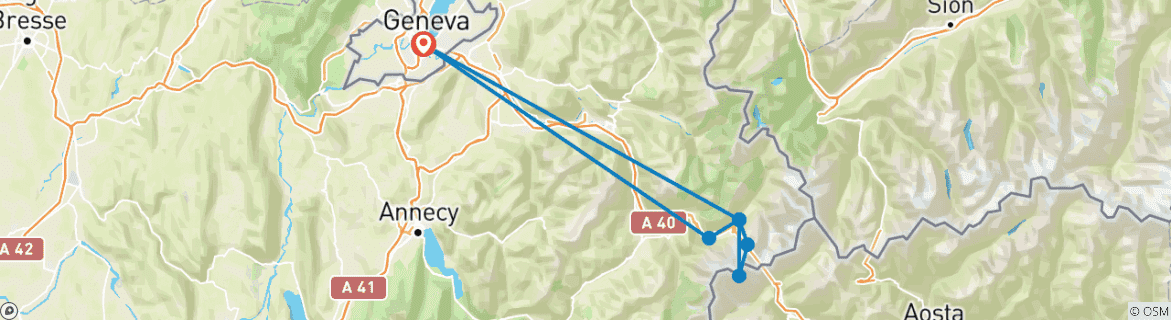 Image of a map showing the route of the tour