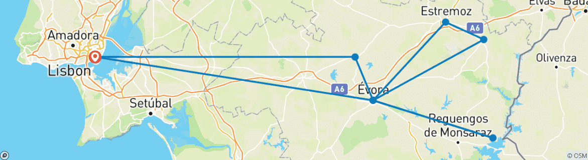 Image of a map showing the route of the tour