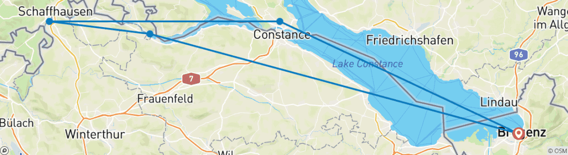 Image of a map showing the route of the tour