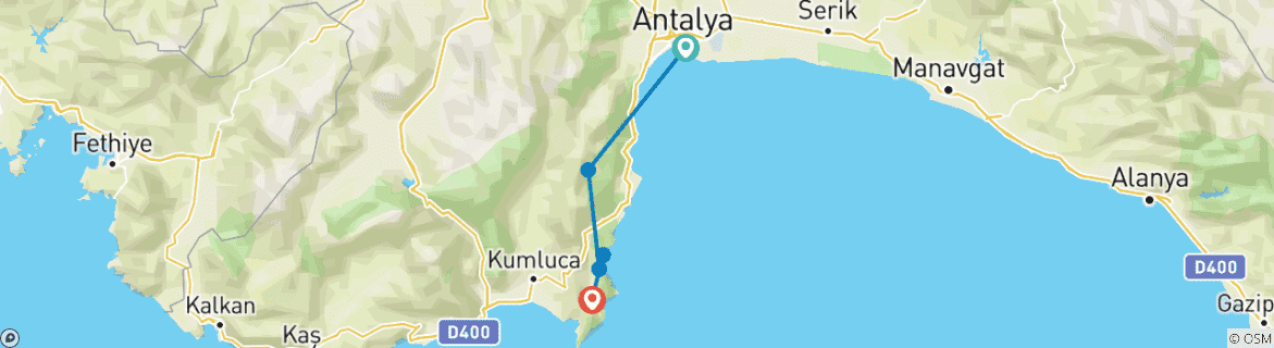 Image of a map showing the route of the tour