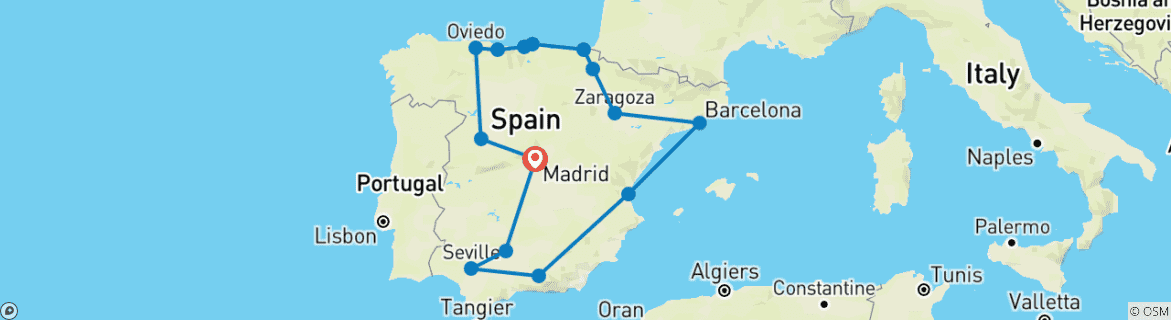 Image of a map showing the route of the tour