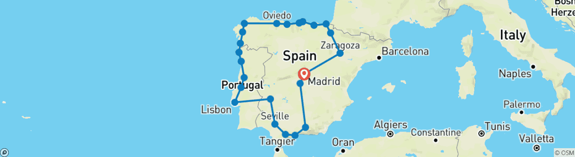Kaart van 16-daagse Noord-Spanje, Lusitanië & Andalusië vanuit Madrid