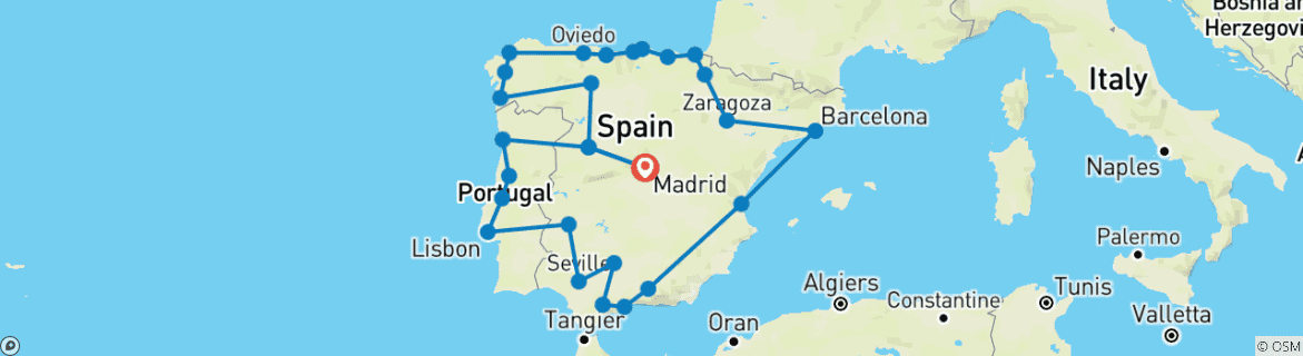 Kaart van 20-daagse reis Spanje & Portugal vanuit Madrid
