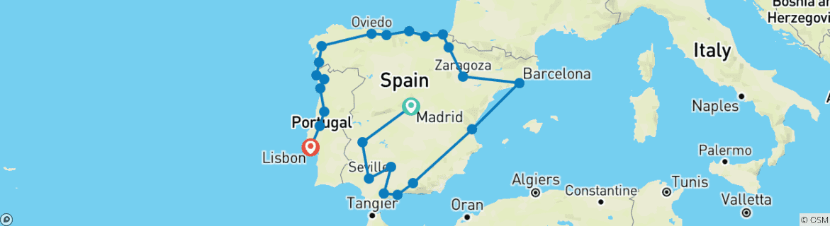 Image of a map showing the route of the tour