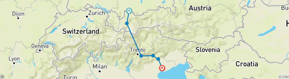 Carte du circuit Via Claudia Augusta - Traversée des Alpes de Füssen à Quarto d'Altino/Venise - sportive (10 jours)