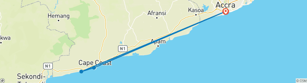 Image of a map showing the route of the tour