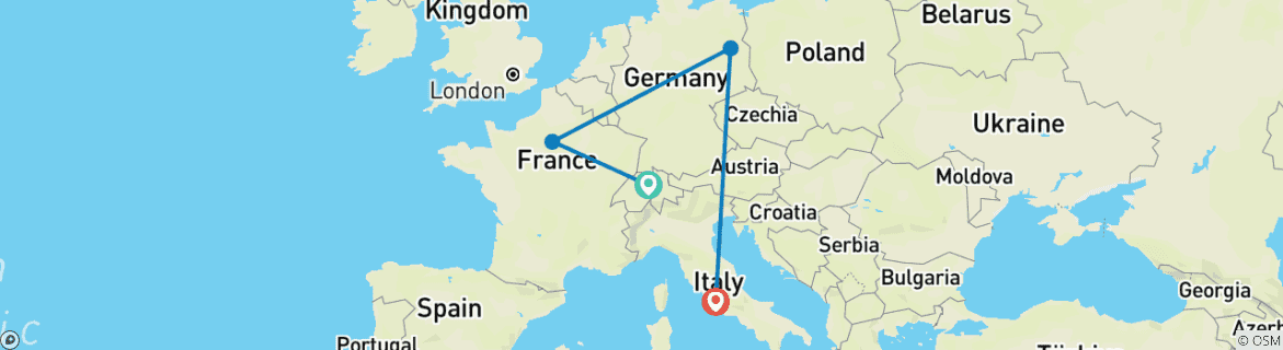 Image of a map showing the route of the tour