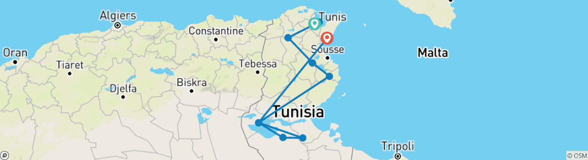 Image of a map showing the route of the tour