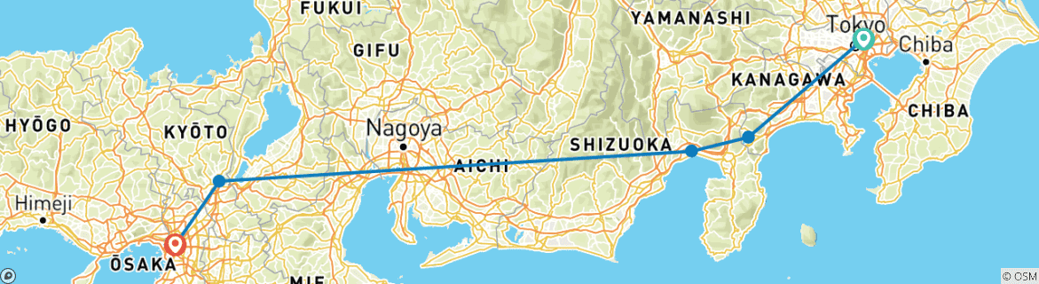 Image of a map showing the route of the tour