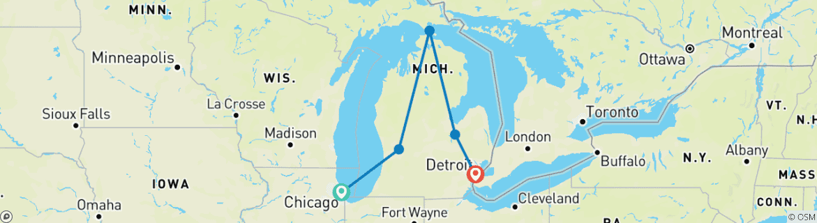 Image of a map showing the route of the tour