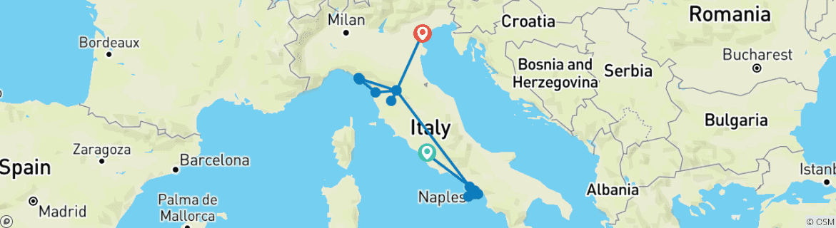 Image of a map showing the route of the tour