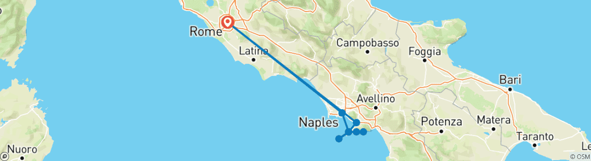 Carte du circuit Budget Rome, Sorrente et Amalfi - 7 jours