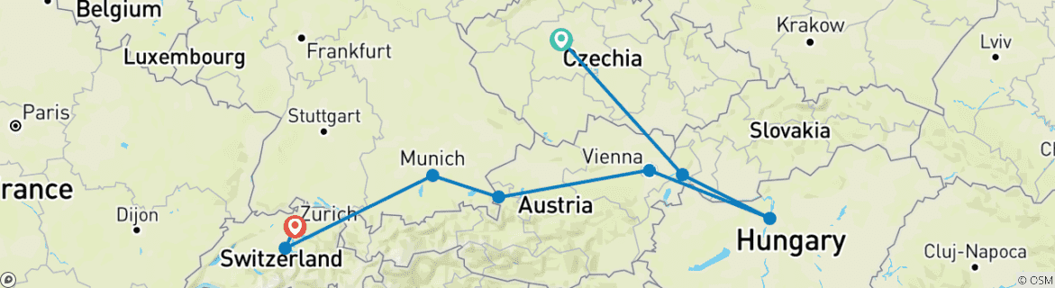 Image of a map showing the route of the tour