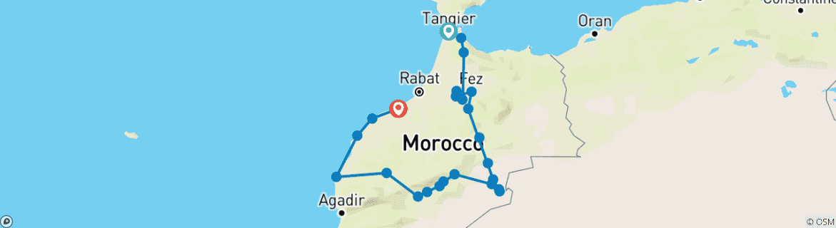 Carte du circuit Circuit privé de 14 jours au Maroc de Tanger à Casablanca-Chefchaouen, Fès, en passant par le Sahara D