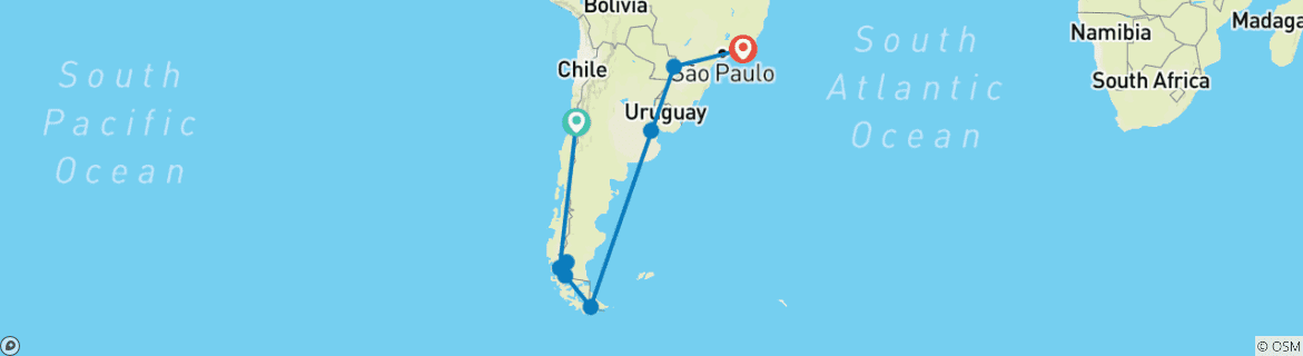 Image of a map showing the route of the tour