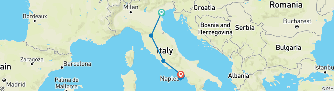 Image of a map showing the route of the tour