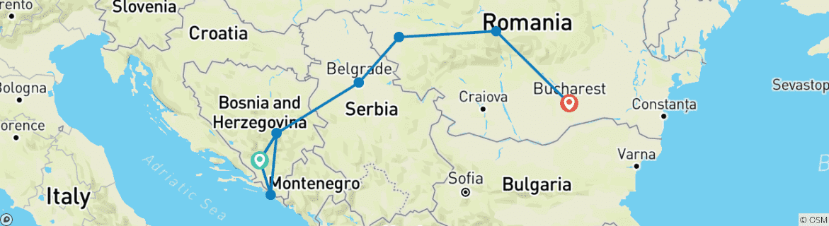 Image of a map showing the route of the tour